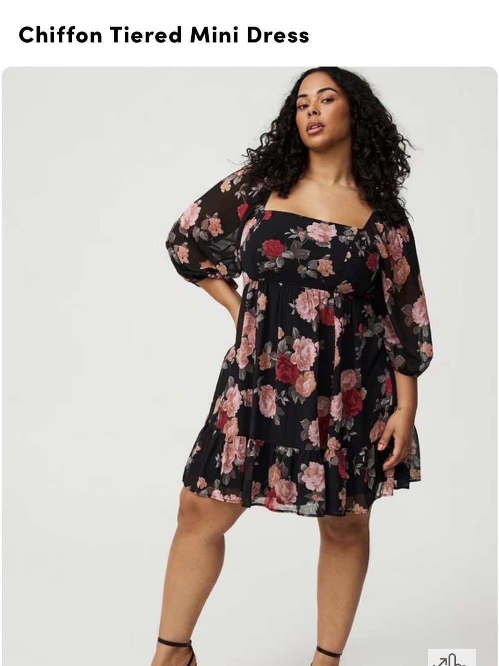 torrid Black Floral Chiffon Tiered Mini Dress with Pink & Red Roses